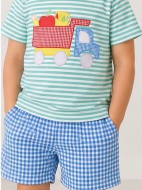 Kids Mint Stripe Truck Appliqué Tee and Blue Gingham Shorts Set